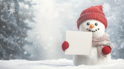 A snowman with a red knitted hat, a red pom-pom, and a red and white scarf stands in a snowy forest. The snowman is holding a white rectangular sign in front of it.