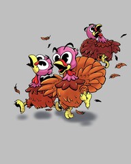 Three turkey bird running, in cartoon simple cute illustration style, holiday Thanksgiving vibe, November, digital illustration, high resolution, for usage postcard, sticker, emotions 