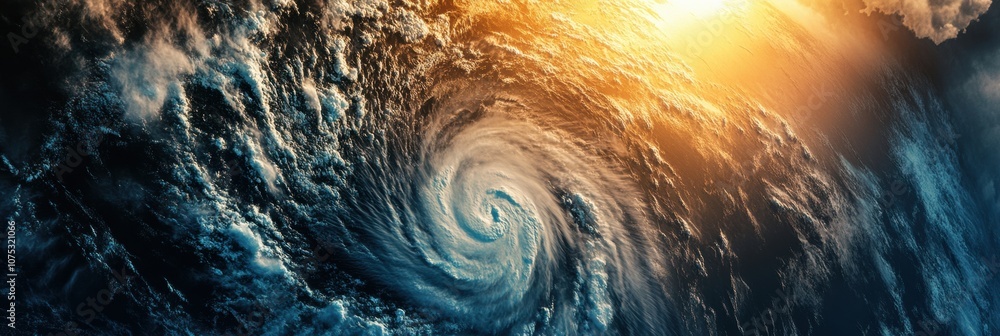 Poster a large hurricane develops in the ocean, showcasing its swirling winds and towering clouds under bri