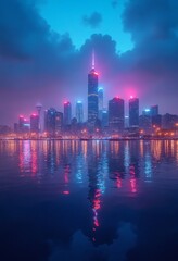 Obraz premium A vibrant cityscape with a reflection in the water, illuminated by neon lights against a blue and pink cloudy sky