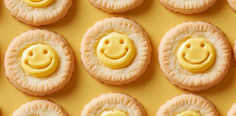 Smiley Face Cookies with Yellow Cream Cheese Filling, Minimalist Pattern. AI generated illustration