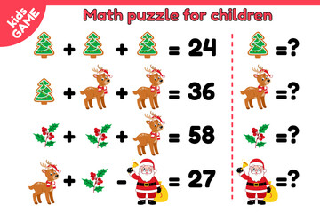 Christmas math kids puzzle game. Solve the mathematical example. Educational activities page for preschool, school children. Cartoon Santa Claus, reindeer, Xmas gingerbread tree, mistletoe. Vector