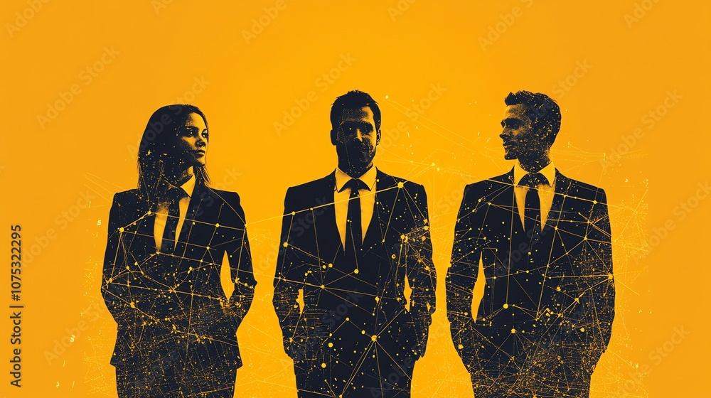 Poster three businesspeople in suits standing against a yellow background with a network of connected lines