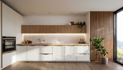 Modern kitchen interior with wooden and white cabinets. 3D Rendering
