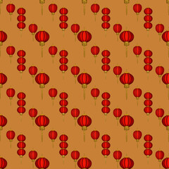 Big Diagonal Red Lantern on Yellow Background Seamless Pattern Design