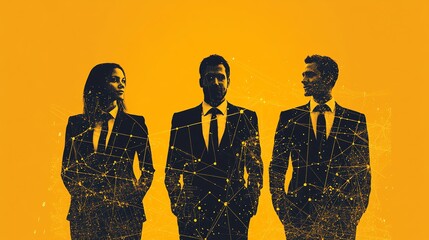 Three businesspeople in suits standing against a yellow background with a network of connected lines and dots overlaid on them.
