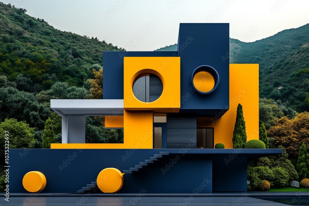 Poster A minimalist line drawing of a house with simple geometric shapes, symbolizing modern architecture