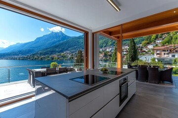 Fototapeta premium A minimalist kitchen with concrete countertops and monochromatic decor, exuding modern simplicity