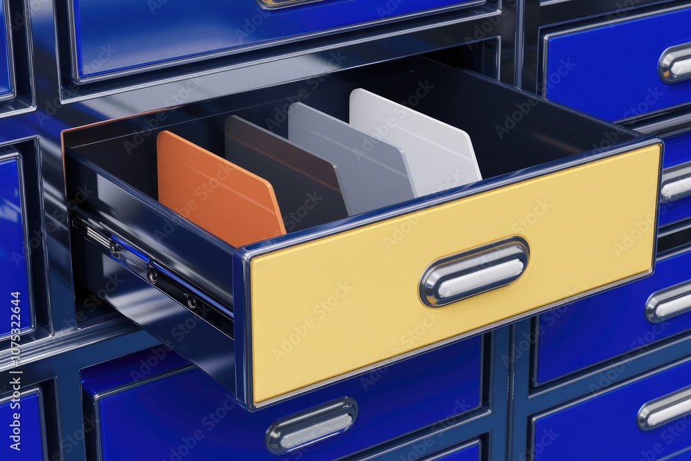 Poster a yellow drawer is open revealing colorful files inside a blue filing cabinet.