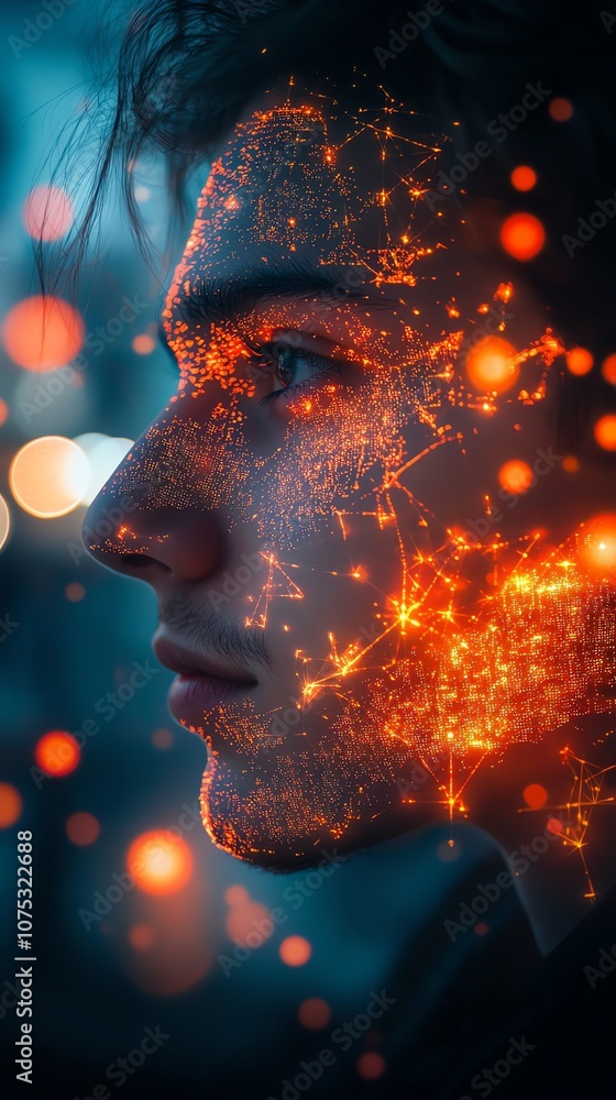 Poster a man's face is illuminated by a fiery glow, representing the power of technology.