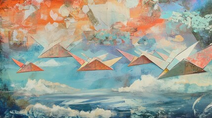 Paper airplanes in flight Mixed media creation