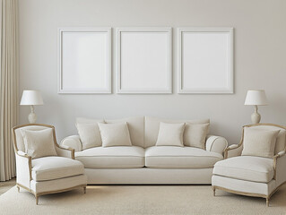 white picture frames on the wall, gallery-style, in a living room with a beige sofa and armchair, neutral tones, and natural light