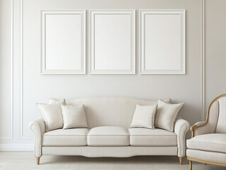 white picture frames on the wall, gallery-style, in a living room with a beige sofa and armchair, neutral tones, and natural light