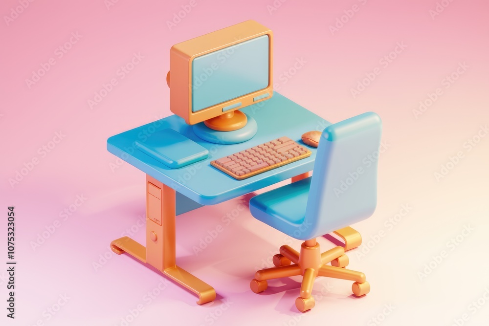 Poster a cartoon style computer desk with a monitor keyboard mouse and chair.