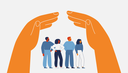 Human hands create secure environment via home roof gesture above people. Two arms protect and care about men and women. Legal defense, shelter, medical and life insurance for civil persons. Vector