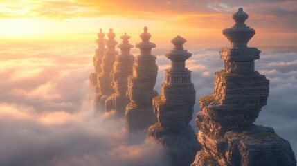 Five stone towers rise above a sea of clouds at sunrise.