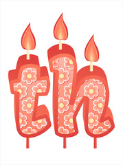 Happy Birthday cake font with pink yellow candle. Six th year, symbol of number anniversary. Quinceanera girl party decor. Cartoon vector illustration.