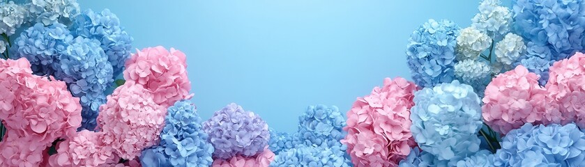 A vibrant arrangement of pink and blue flowers against a soft blue background, perfect for spring and floral designs.