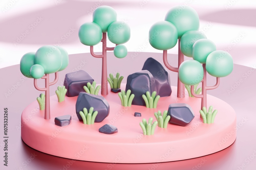 Poster 3d rendering of a small island with trees and rocks