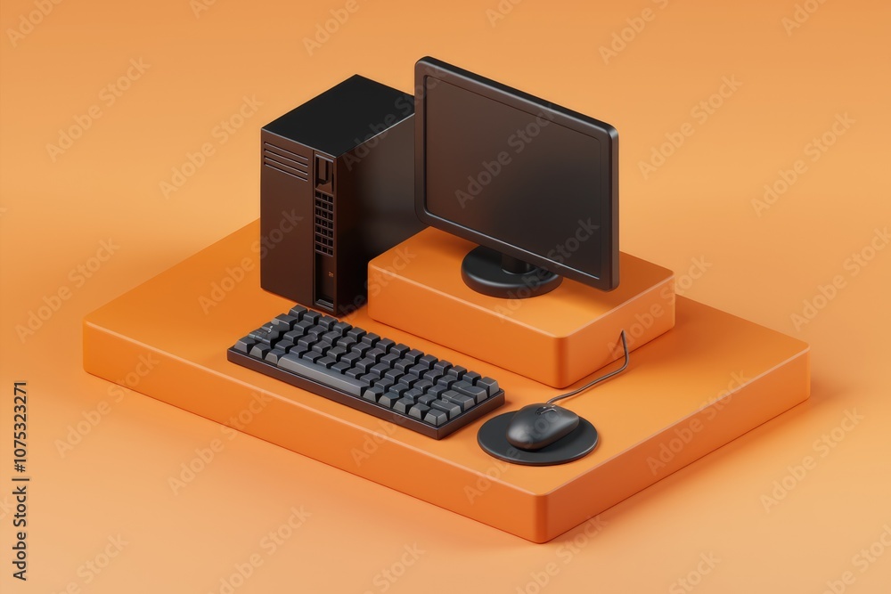 Aufkleber Black computer with keyboard and mouse on orange surface