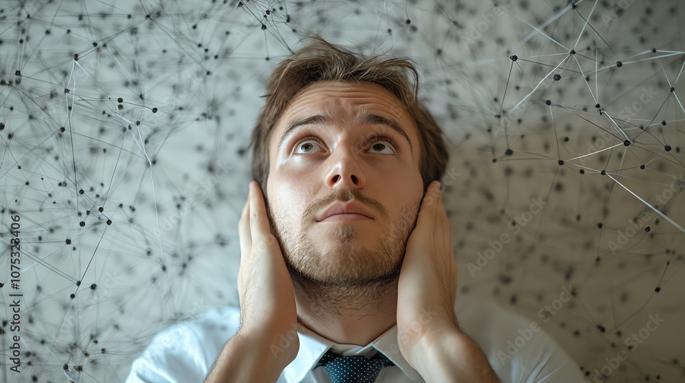 Poster A businessman lies on his back with his hands over his ears, looking up at a network of connected dots, symbolizing information overload or anxiety.