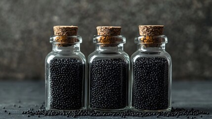 Black Pebbles in Vintage Glass Bottles. AI generated illustration