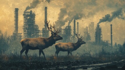 Two Elk Standing in Front of a Polluted Industrial Complex