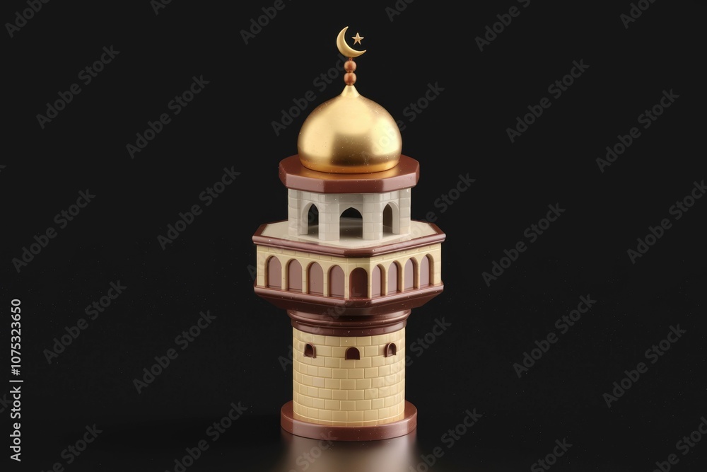 Poster A 3D rendering of a mosque minaret with a golden dome.