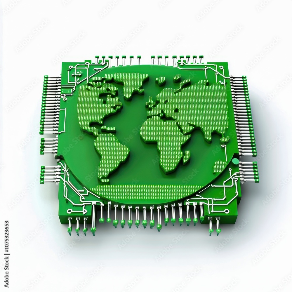 Poster symbolize: a microchip shaped like a globe, symbolizing the global reach and impact of modern techno