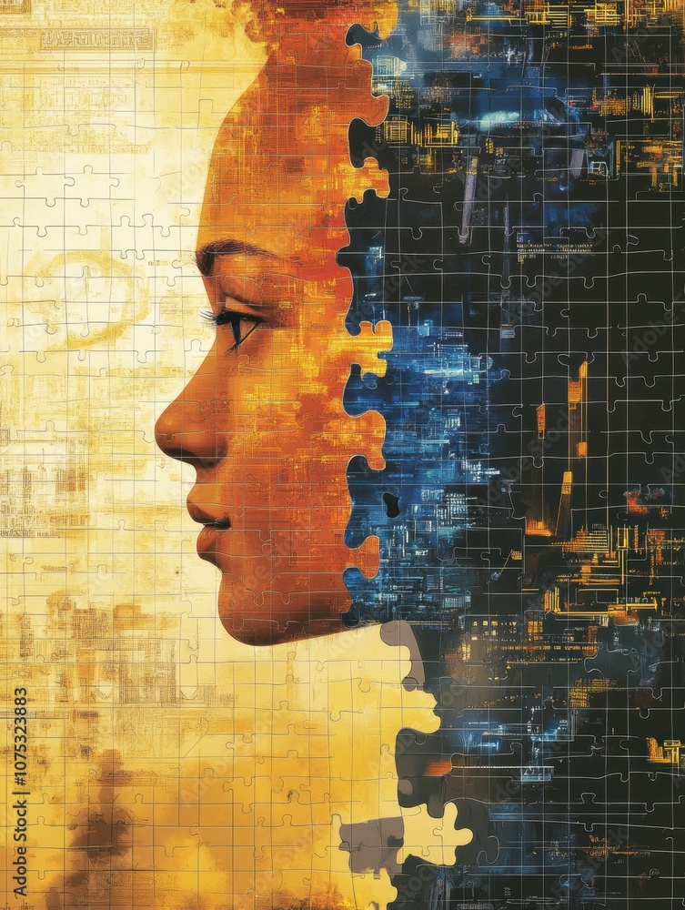 Poster a striking visual divides technology and human rights, blending a powerful portrayal of justice with