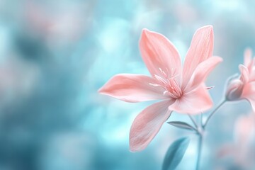Fototapeta premium A Single Pink Flower Floating in a Dreamy Pastel Blue Background. AI generated illustration