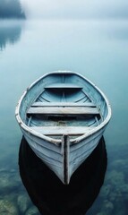 Obraz premium Explore Tranquil Waters: A Serene Blue Boat on a Foggy Lake