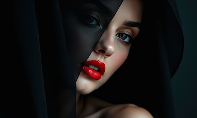 Woman with red lips and a black veil over her face. The woman is wearing red lipstick and has a serious expression on her face