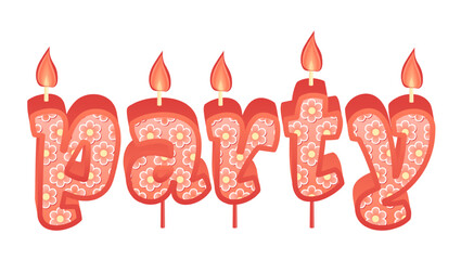 Happy Birthday cake font with pink yellow candle. Party, symbol of number anniversary. Quinceanera girl party decor. Cartoon vector illustration.