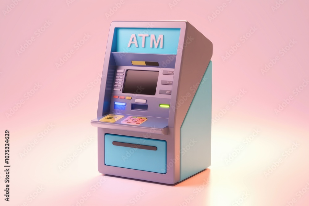 Poster a blue and gray atm machine with a digital display.