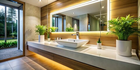Fototapeta premium Elegant White Sink by the Mirror in a Modern Bathroom with High Depth of Field, Featuring Soft Lighting and Clean Lines for a Contemporary Home Decor Aesthetic