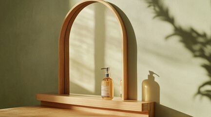 A wooden arched mirror with a shelf sits against a light green wall