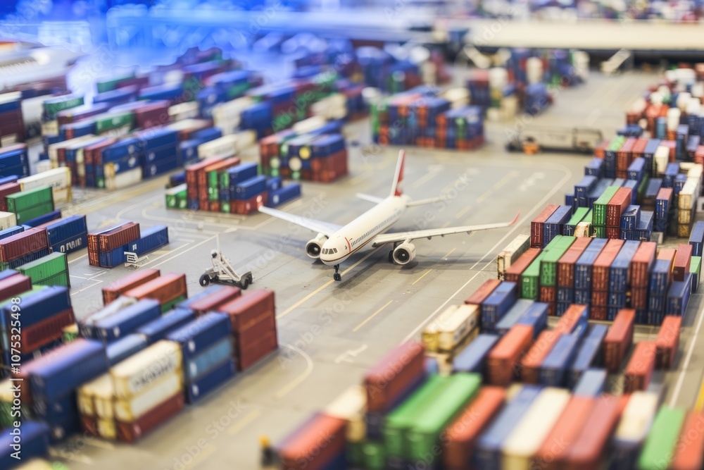Poster A model airplane sits on a runway surrounded by shipping containers.