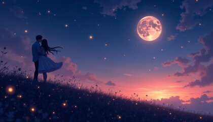 Fototapeta premium Romantic silhouette of a couple sharing a kiss under a moonlit sky at dusk