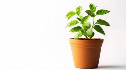Lush Green Plant Growing in a Terra-Cotta Pot Isolated on a White Background, Perfect for Nature, Gardening, or Home Decor Themed Projects