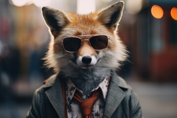 Hipster fox walking around the city on the street.