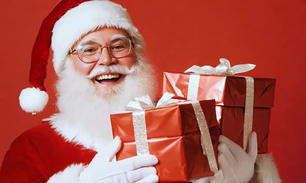 Smiling Santa Holding Wrapped Christmas Gifts