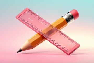 A yellow pencil and a pink ruler are crossed over each other on a pink and blue gradient background.