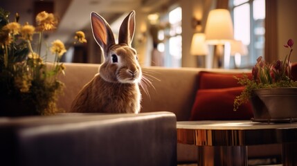 Rabbit in the hall of a luxury hotel.