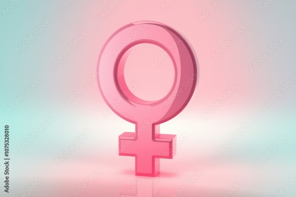 Poster a pink female symbol rendered in 3d with a soft pink and blue gradient background.