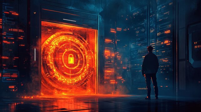 A lone figure stands before a glowing portal with a lock icon in a futuristic server room. - Powered by Adobe