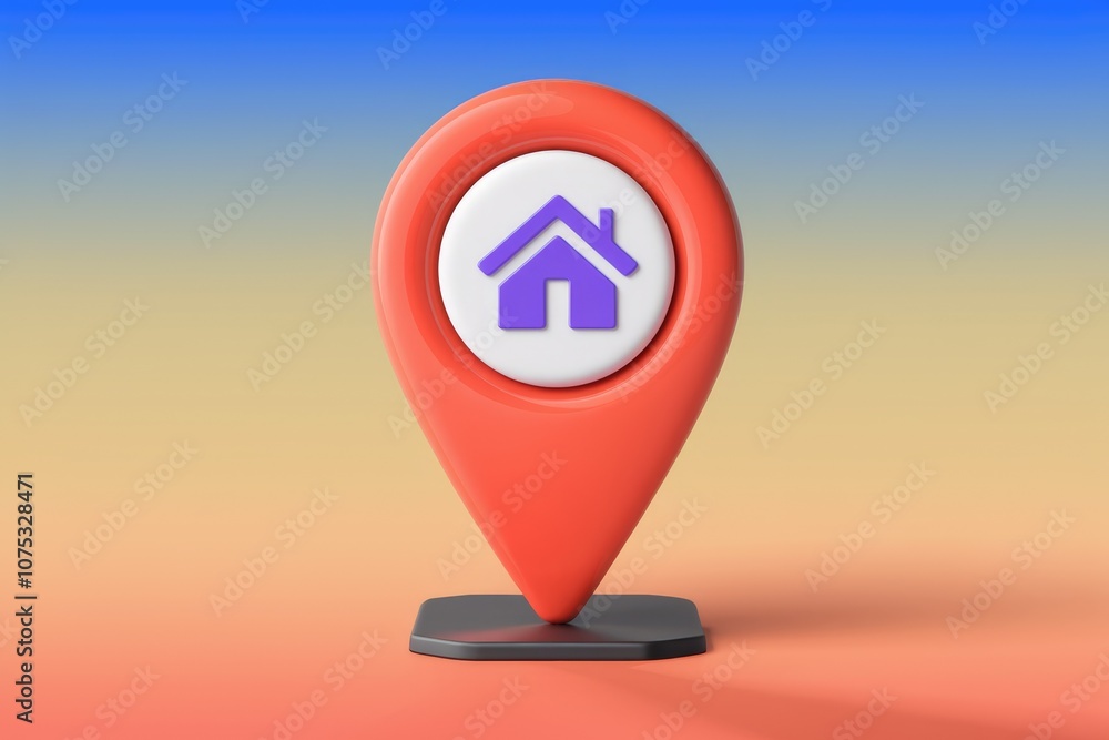 Poster red location pin with a purple house icon on a gradient background.