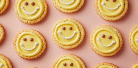 Smiley Face Cookies with Yellow Cream Cheese Filling, Minimalist Pattern. AI generated illustration