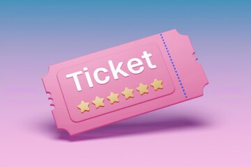 A pink ticket with the word Ticket and five gold stars