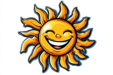 Cartoonish drawing of a smiling sun with rays, in bright yellow and orange tones on a white background